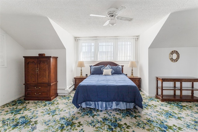 bedroom featuring a textured ceiling, baseboard heating, ceiling fan, and light colored carpet