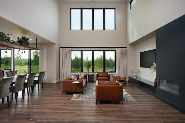 living room with a towering ceiling and dark hardwood / wood-style flooring