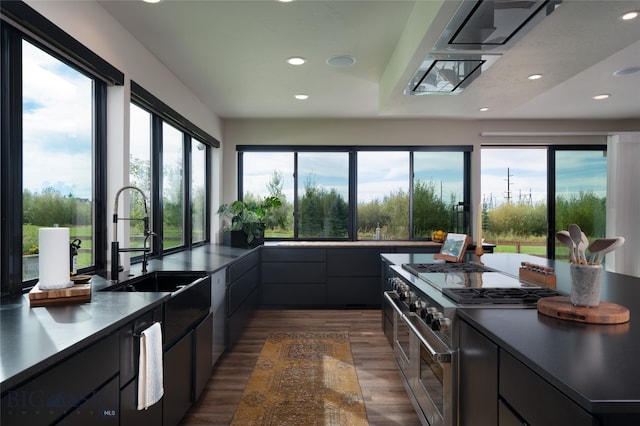 kitchen featuring double oven range, dark wood-type flooring, and plenty of natural light