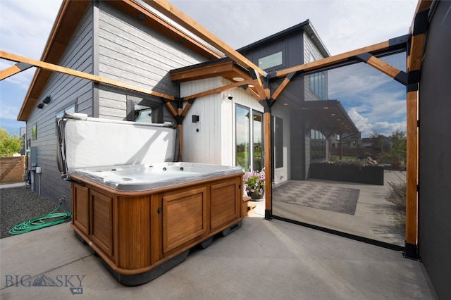 view of patio featuring a hot tub