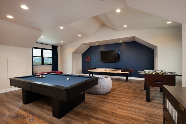 game room with vaulted ceiling, billiards, and dark wood-type flooring