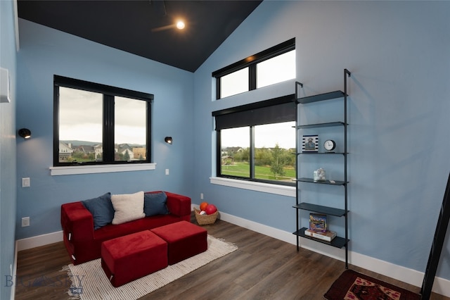 living room featuring vaulted ceiling and dark wood-type flooring