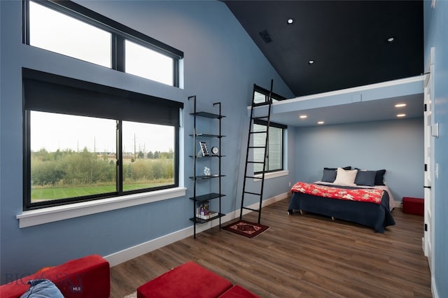 bedroom featuring high vaulted ceiling, multiple windows, and dark wood-type flooring