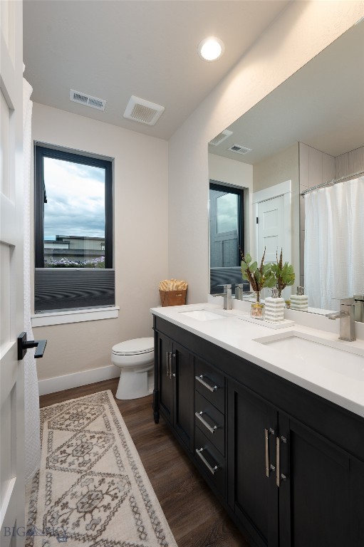 bathroom featuring hardwood / wood-style floors, vanity, and toilet