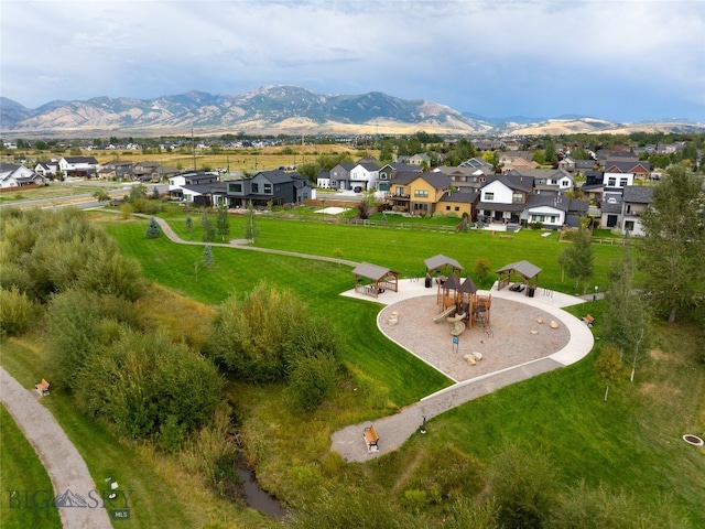 birds eye view of property featuring a mountain view