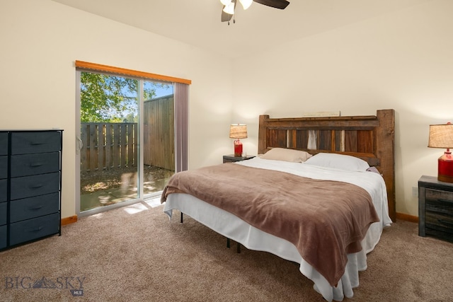 carpeted bedroom featuring ceiling fan and access to outside