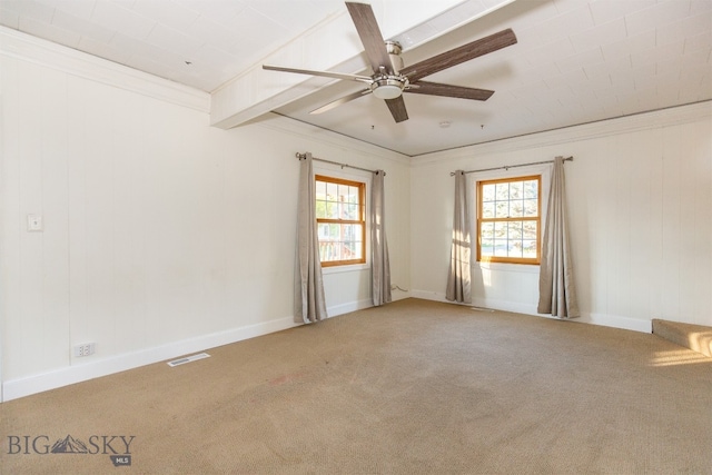 spare room with plenty of natural light, carpet flooring, and crown molding