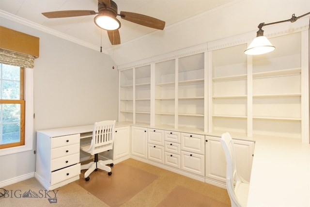 unfurnished office featuring light carpet, ceiling fan, and crown molding