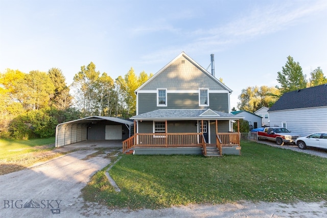 view of front of property featuring a front yard, covered porch, and a carport