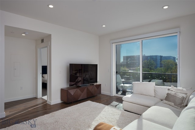 living room with dark hardwood / wood-style flooring