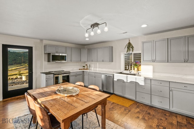 kitchen with gray cabinets, appliances with stainless steel finishes, dark hardwood / wood-style floors, and sink