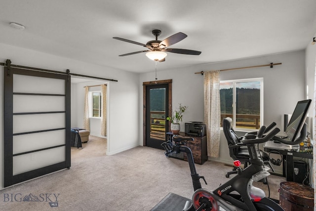 workout room featuring a barn door, light carpet, ceiling fan, and plenty of natural light