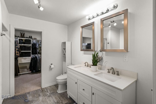 bathroom with wood-type flooring, vanity, and toilet