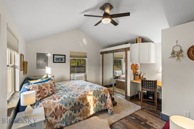 31 Bull Run Rd, Livingston, MT 59047 - bedroom with ceiling fan, lofted ceiling, wood finished floors, and electric panel