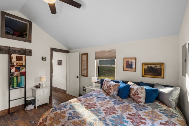 bedroom featuring ceiling fan, lofted ceiling, and dark wood-type flooring