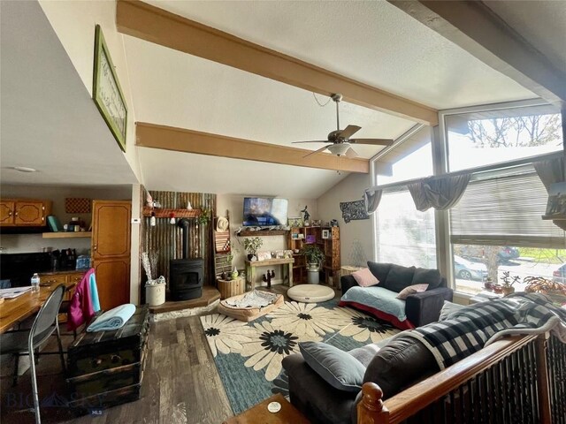 1115 E Center St, Dillon, MT 59725 - living area featuring a wood stove, wood finished floors, plenty of natural light, and ceiling fan