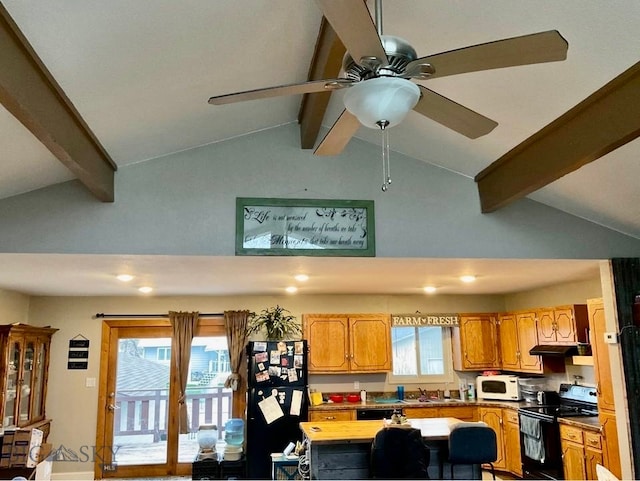 kitchen with lofted ceiling with beams, black refrigerator, electric range, and sink