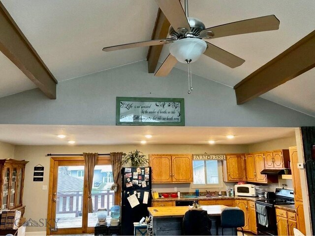 1115 E Center St, Dillon, MT 59725 - kitchen with black appliances, beam ceiling, under cabinet range hood, high vaulted ceiling, and a sink
