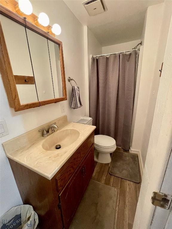 1115 E Center St, Dillon, MT 59725 - bathroom with wood finished floors, vanity, toilet, and a shower with shower curtain