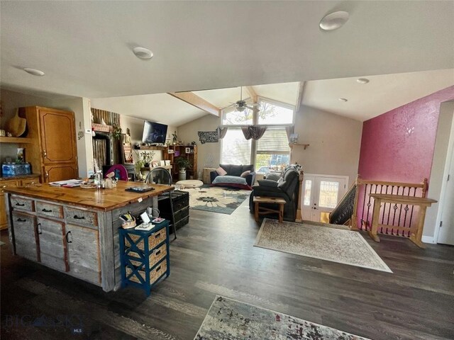 1115 E Center St, Dillon, MT 59725 - kitchen featuring wood counters, dark wood-type flooring, vaulted ceiling, ceiling fan, and open shelves
