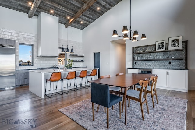 dining room with beamed ceiling, wooden ceiling, an inviting chandelier, high vaulted ceiling, and dark hardwood / wood-style flooring