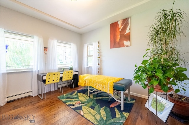 interior space with a baseboard radiator and hardwood / wood-style floors