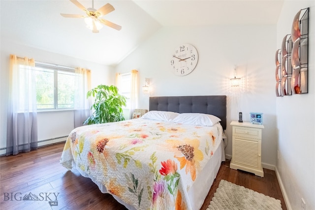 bedroom with lofted ceiling, dark hardwood / wood-style floors, ceiling fan, and a baseboard radiator