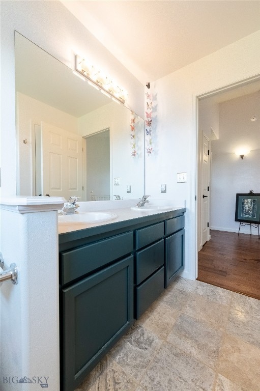 bathroom featuring vanity, hardwood / wood-style floors, and a wood stove