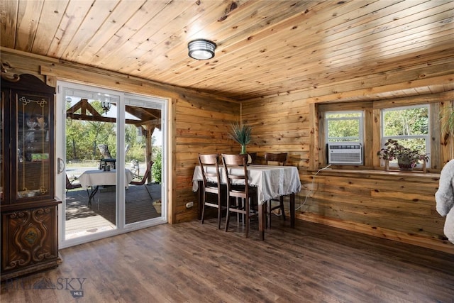dining space featuring wood finished floors, wooden walls, cooling unit, and wooden ceiling