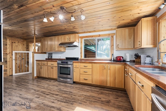 kitchen featuring stainless steel appliances, light brown cabinetry, wooden ceiling, and dark wood-type flooring