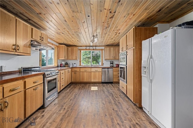 kitchen featuring wood ceiling, stainless steel appliances, hardwood / wood-style floors, under cabinet range hood, and light brown cabinetry