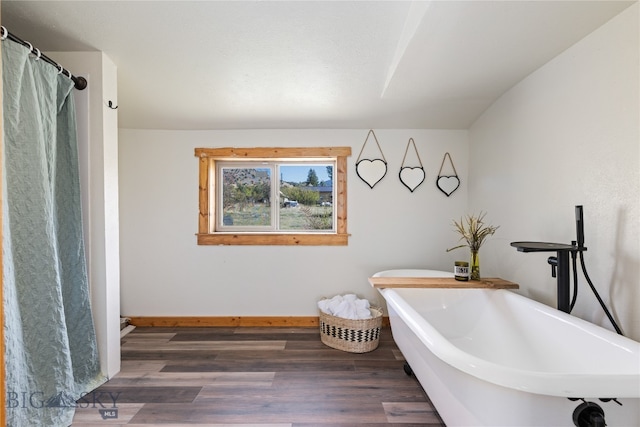 bathroom featuring wood-type flooring and a bathing tub