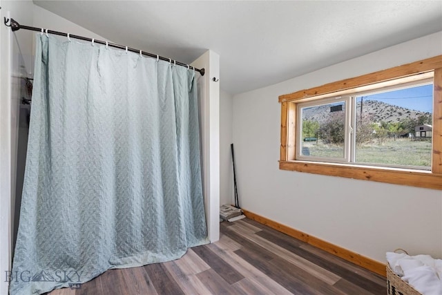 bathroom with baseboards, wood finished floors, lofted ceiling, and a shower with shower curtain