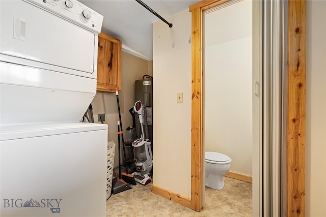 laundry room featuring electric water heater, light colored carpet, and stacked washer / dryer