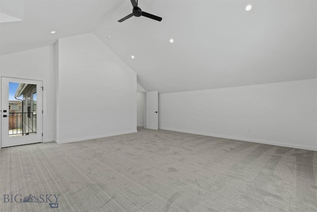 bonus room featuring light carpet, vaulted ceiling, and ceiling fan