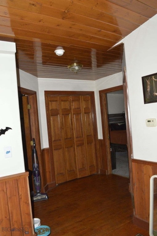 hallway with wooden walls, dark wood-type flooring, and wooden ceiling