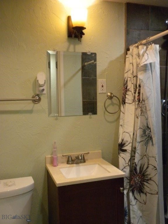 bathroom with a shower with curtain, vanity, and toilet