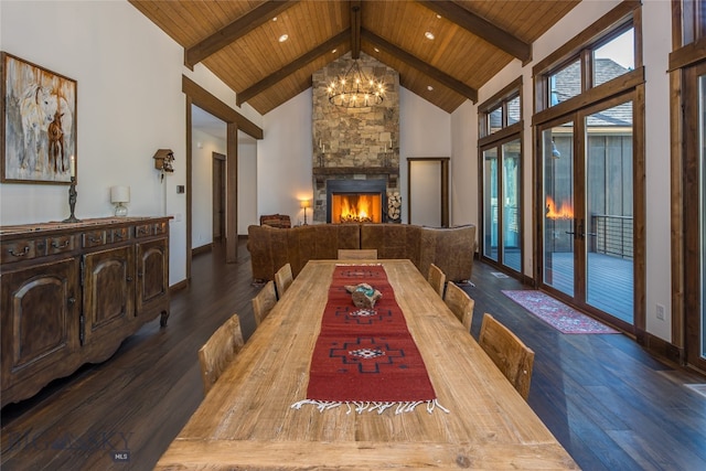 dining space featuring a fireplace, wood-type flooring, wood ceiling, and high vaulted ceiling