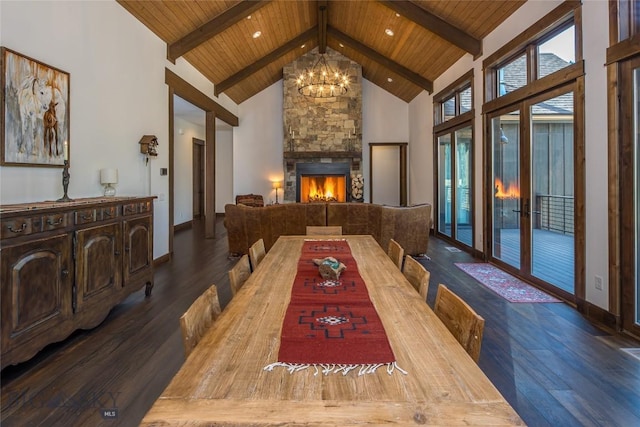 2250 Outlook Trl, Big Sky, MT 59716 - dining room featuring wood finished floors, a wood ceiling with exposed beams, high vaulted ceiling, a chandelier, and a fireplace