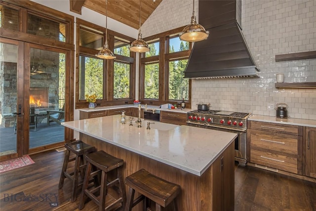 2250 Outlook Trl, Big Sky, MT 59716 - kitchen with double oven range, ventilation hood, lofted ceiling, dark wood-style floors, and tasteful backsplash