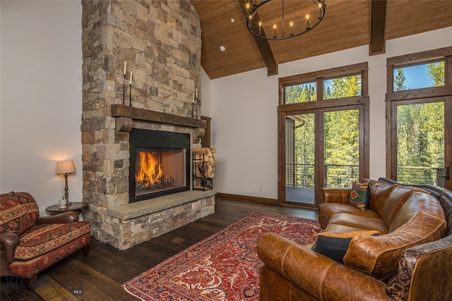 living room with a stone fireplace, dark hardwood / wood-style flooring, wood ceiling, high vaulted ceiling, and beam ceiling