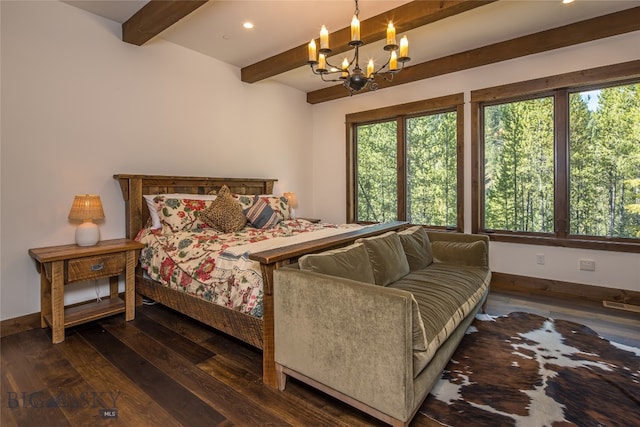 bedroom featuring dark wood-type flooring, a chandelier, and beam ceiling