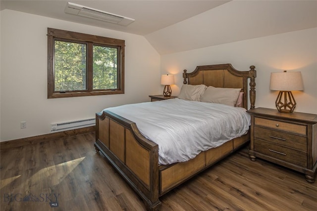 2250 Outlook Trl, Big Sky, MT 59716 - bedroom with a baseboard heating unit, lofted ceiling, and dark wood-type flooring