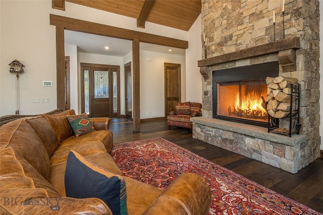 2250 Outlook Trl, Big Sky, MT 59716 - living area featuring wood finished floors, a fireplace, and wooden ceiling