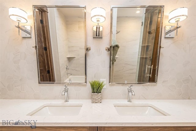 2250 Outlook Trl, Big Sky, MT 59716 - bathroom with decorative backsplash and double vanity