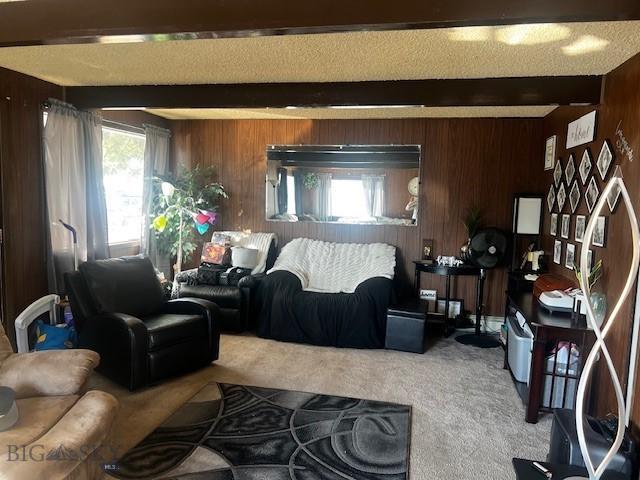 living area featuring wood walls, beamed ceiling, and carpet