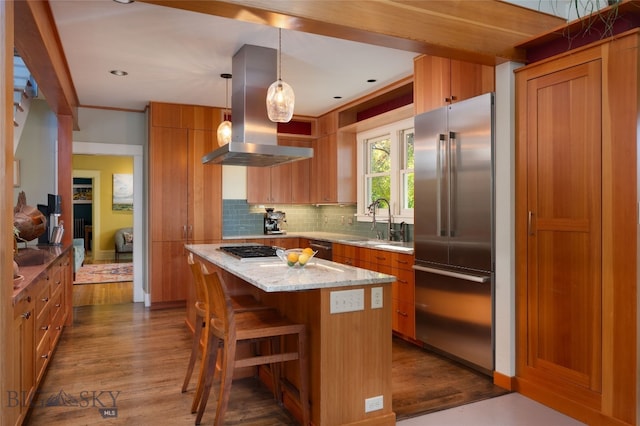 kitchen with hanging light fixtures, island exhaust hood, dark hardwood / wood-style floors, and appliances with stainless steel finishes