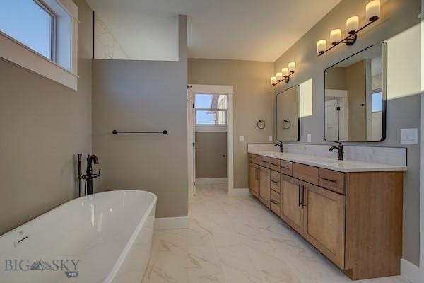 bathroom with vanity and a washtub