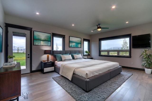 119 Clancy Way, Bozeman, MT 59718 - bedroom featuring access to outside, light wood-style flooring, recessed lighting, baseboards, and ceiling fan