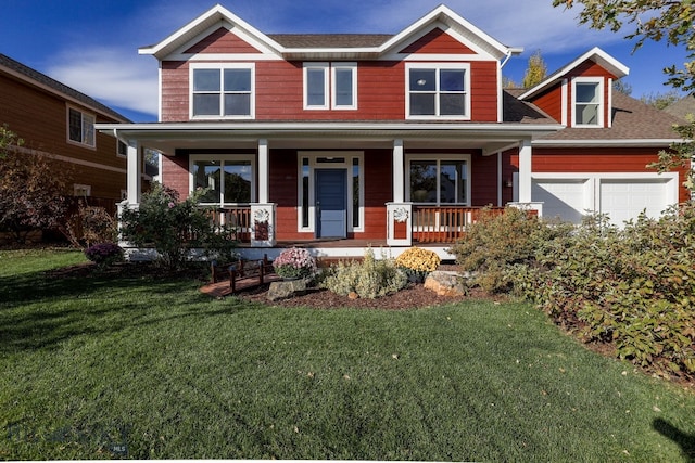 craftsman-style house featuring a porch, a front yard, and a garage